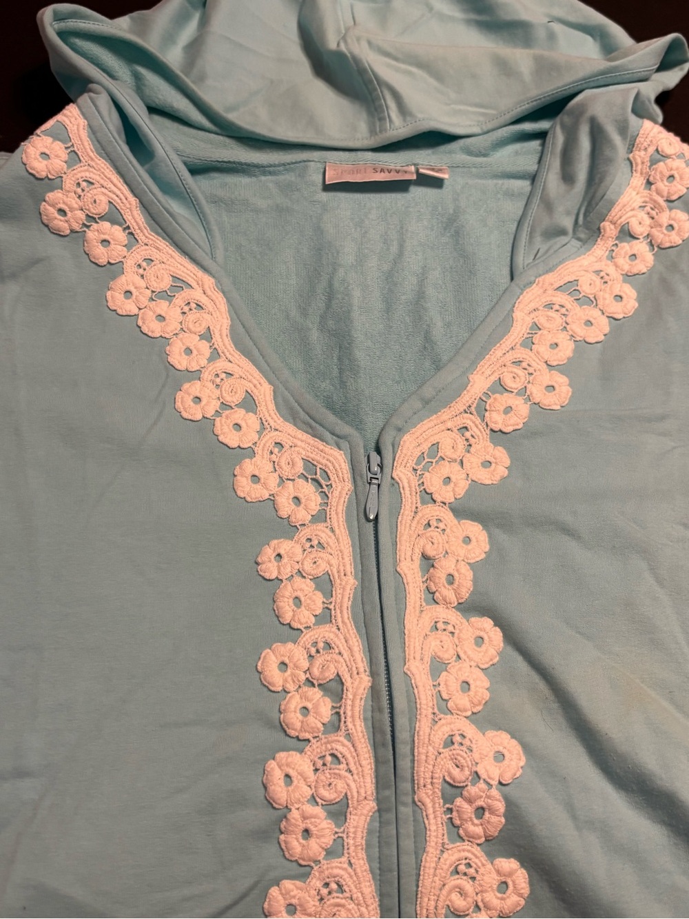 NWT Sport Savvy French Terry Zip Front Hoodie Jacket 1X Light Blue Lace Trim